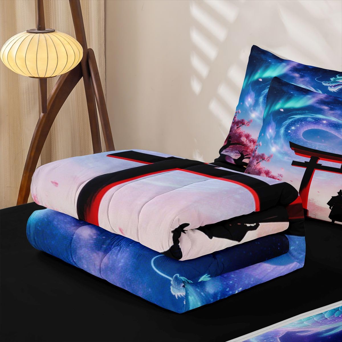 jejeloiu Dragon Twin Zipper Bedding Set Japanese Style Samurai Kids Comforter Set with Fitted Sheet and 2 Pillowcases Outer Space Galaxy Bed in a Bag Romantic Exotic Zip Up Bedding Soft Microfiber