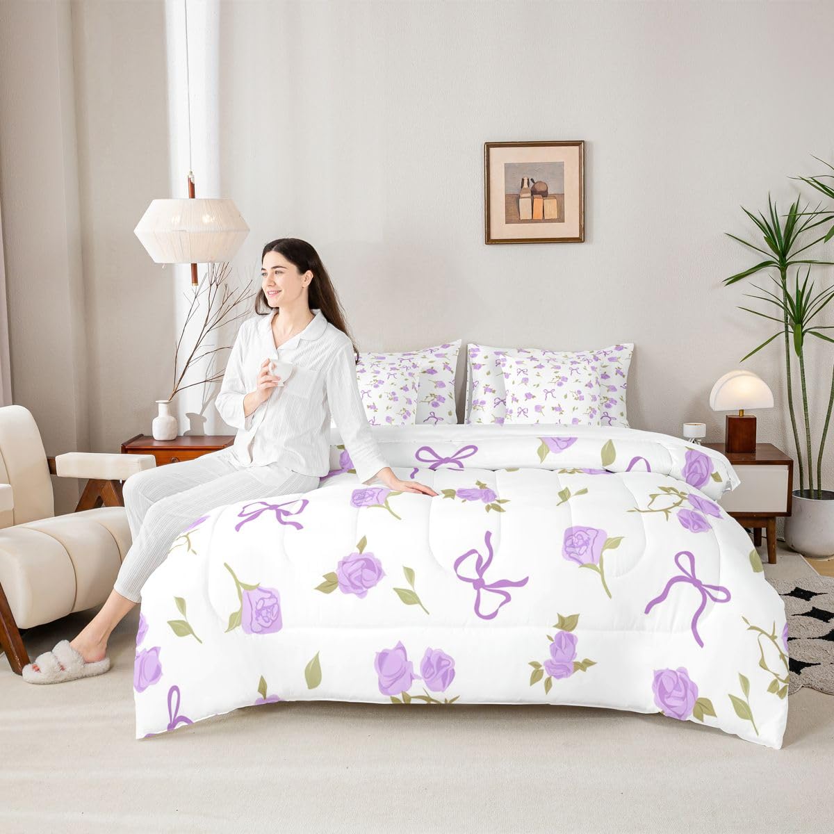 Erosebridal Ribbon Bow 7 Pcs Bedding Set Full Bowtie Comforter Set with Sheets Girly Princess Bowknot Bed in A Bag Fantasy Aesthetic Bedroom Decor
