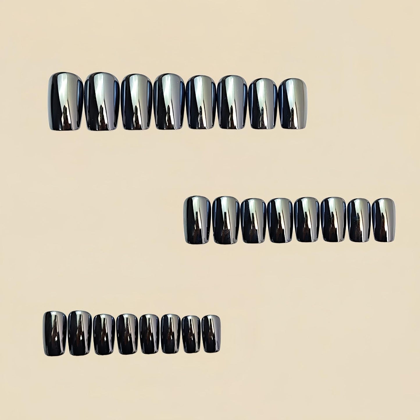 RUOKEXIN Medium Length Press on Nails Square Fake Nails Black Silver Chrome False Nails Full Cover Nail Press ons Sparkly Artificial Nails for Women 24Pcs
