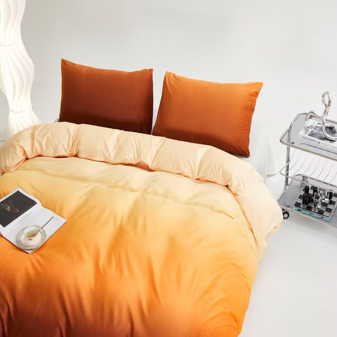 CLOTHKNOW Dark Orange Velvet Duvet Cover Set Queen 3Pcs Orange Yellow Bedding Sets Rust Beige Fluffy Bedding Duvet Cover Sets Queen Soft Flannel Bedding Queen Sets