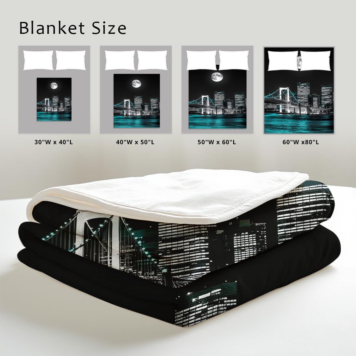 HUNXIAOJ New York City Building Blanket for Bed Couch Cityscape Blanket Throw Black White Teal Decor Flannel Prints Bedding Home Decor (49"x59")