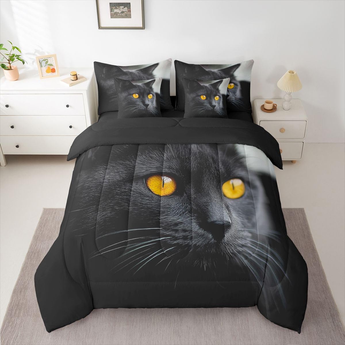 Erosebridal Black Cat King Size Comforter Set, Pet Pattern 7-Piece Bed in A Bag, Cute Kitten Sheets and Pillowcases, Black Bedding Set Room Decor
