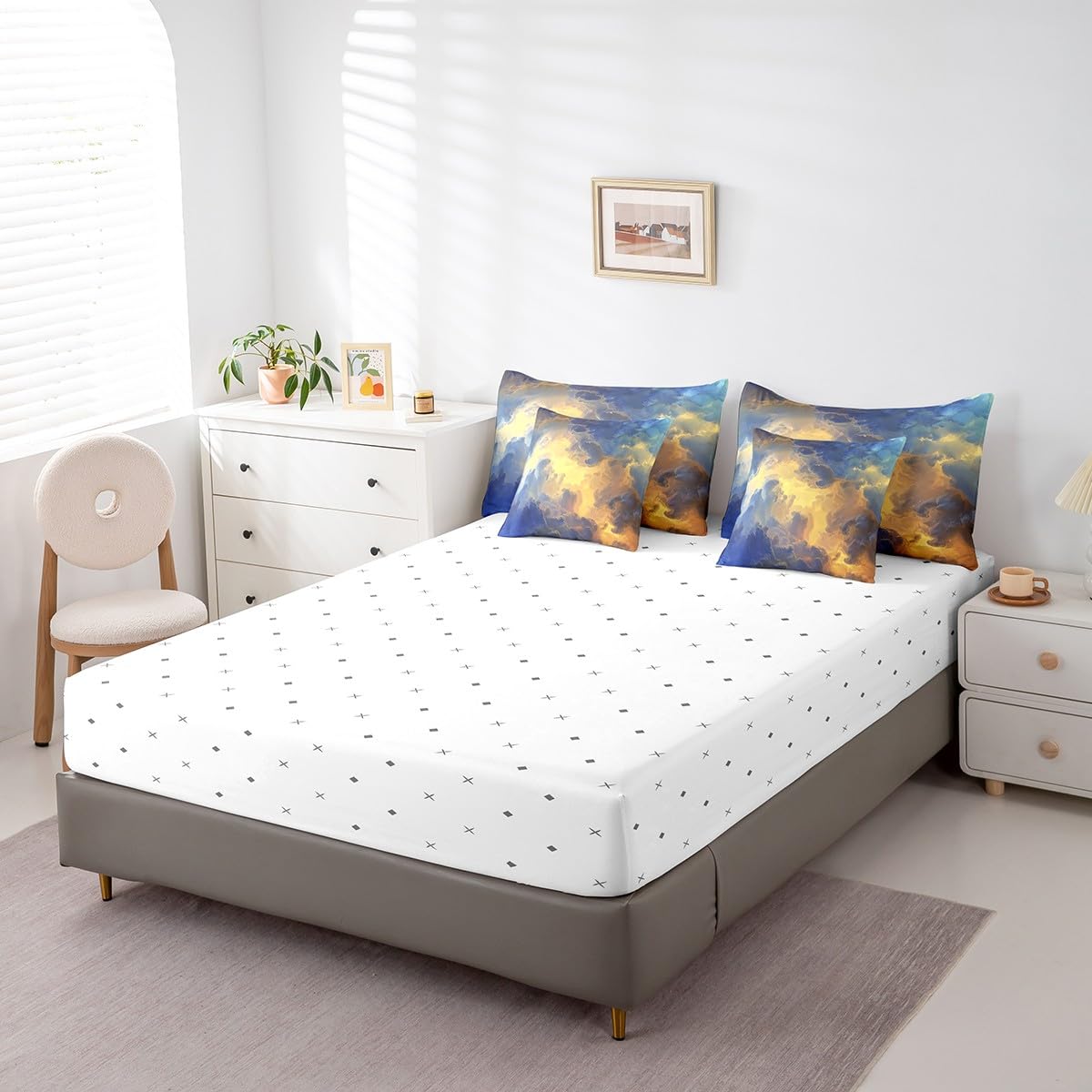 Erosebridal Beauty Weather Nature Comforter Set Full Size,Oil Painting Clouds Bedding Set for Kids Teens,Sunscape (Comforter+Fitted+Flat Sheet+2 Pillowcases+2 Throw Pillow Covers) 7 Pieces Bed Set