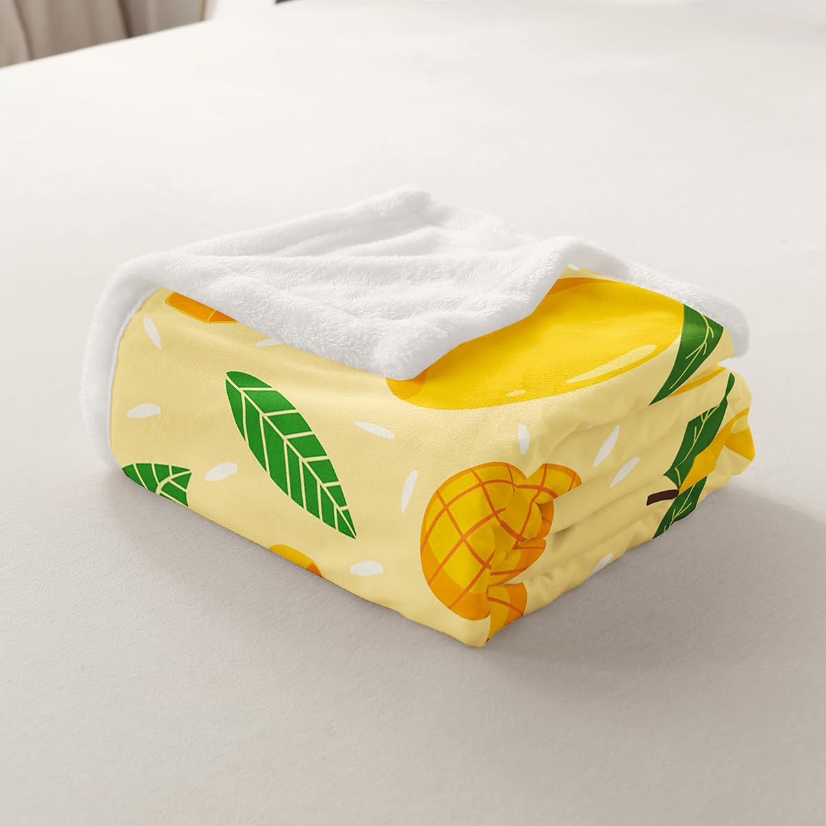 Feelyou Cartoon Mango Fleece Throw Blanket - Sweet Fruit Sherpa for Kids, Boys & Girls - Tropical Fruit Plush, Botanical Leaves Fuzzy Blanket for Sofa, Bed, Couch - Orange, Baby - 30x40 Inches