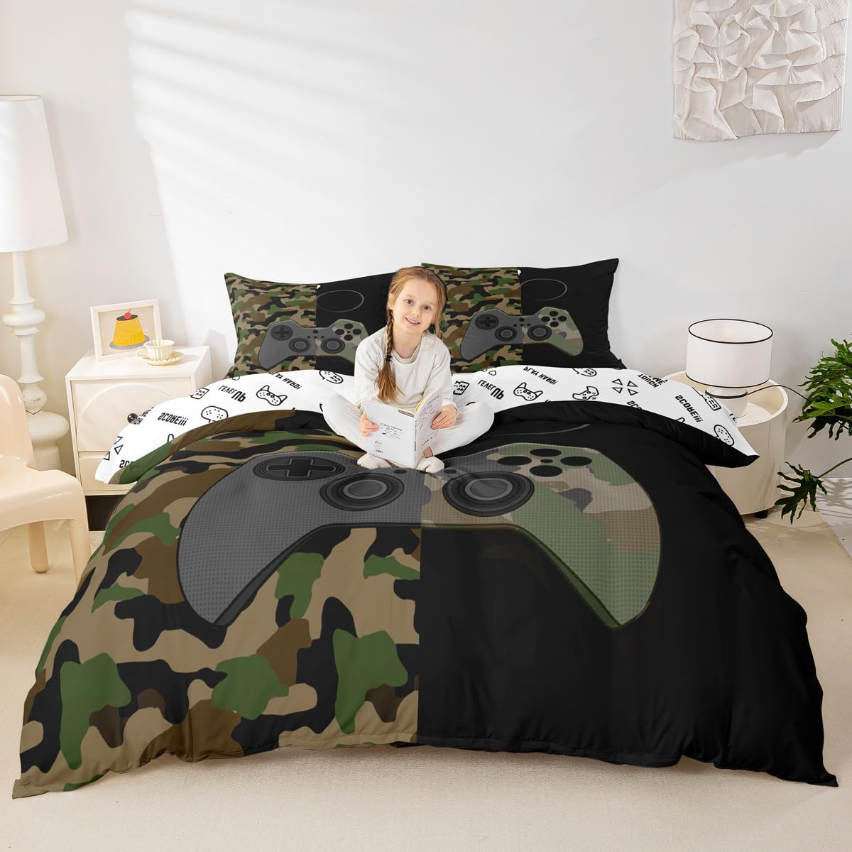 Gamer Bedding Set Teens Boys Camouflage Gamepad Printed Comforter Cover Army Green Video Games Decor Player Gaming Duvet Cover for Adult Girls Kids Camo Game Console Pattern Soft Bespread, King Size