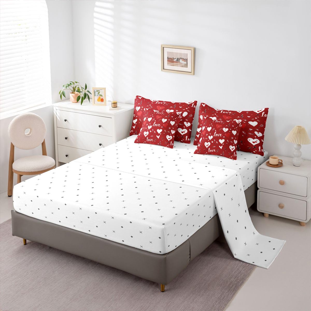 Erosebridal Red Valentines Day Full Bedding Set - Valentines Love Heart Bed in A Bag,Heart Printed Comforter Sets with Sheets, Couple Romance Gifts 7 Pieces Bed Set Bedroom Decor