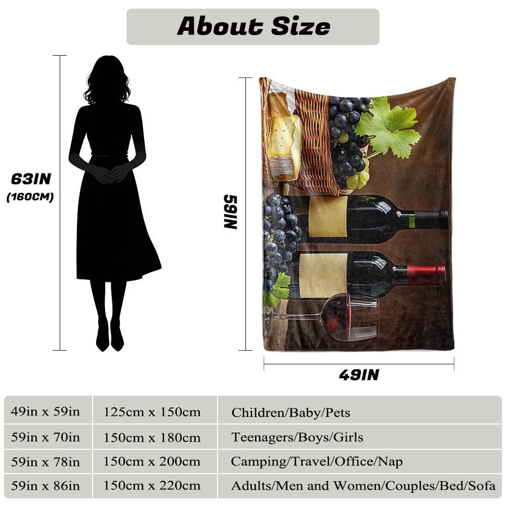 HUNXIAOJ Wine Throw Blanket Grape Wine Decor Grape Throw Blanket Country Bedding Warm Soft Flannel for Bed Sofa Couch (49in x 59in)