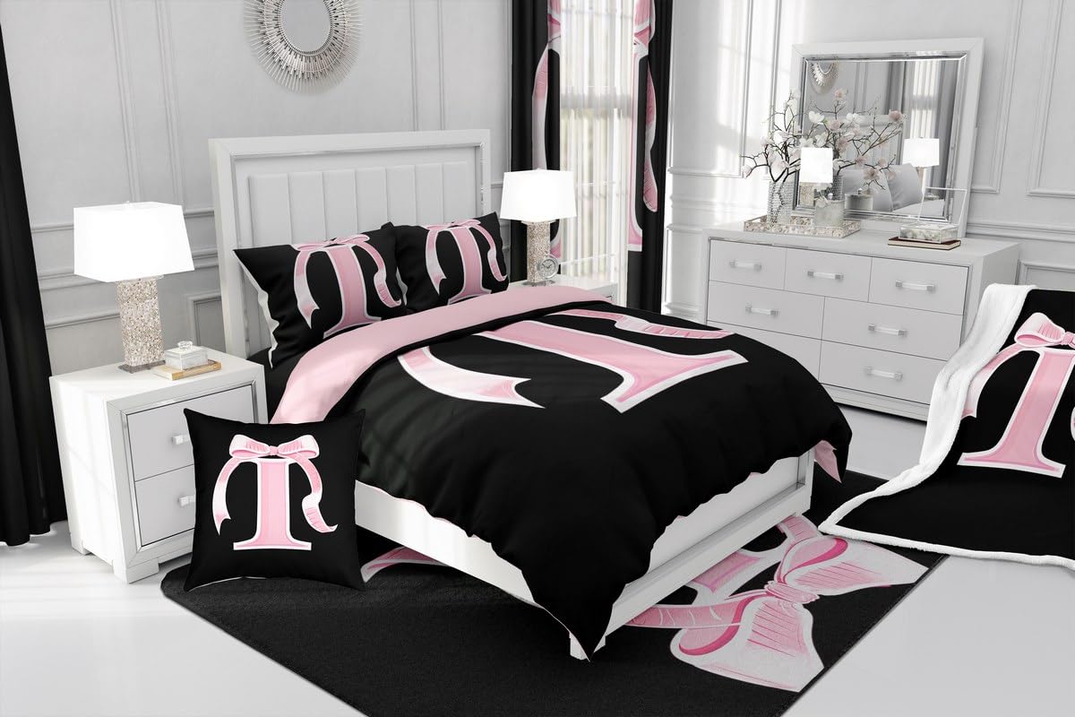 jejeloiu Kids Girls Black Pink Bow Comforter Set with Sheets Twin Size Monogrammed 7 Piece Bedding Set Personalized Initial I Bed in a Bag with Comforter,Sheets,Pillowcases Modern Fashion Bed Set