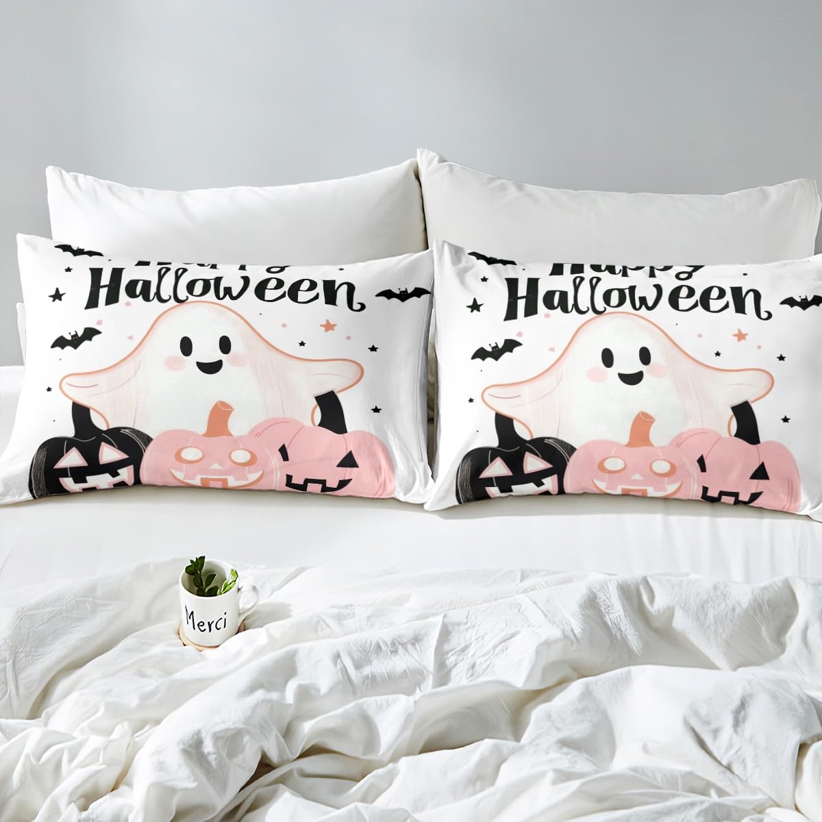 Feelyou Happy Halloween Bed Sheets Set Full Size Pumpkin Deep Pocket Fitted Sheet Halloween Decor Bedding Sets Cute Ghost Soft Bed Set 4Pcs with 2 Pillow Cases