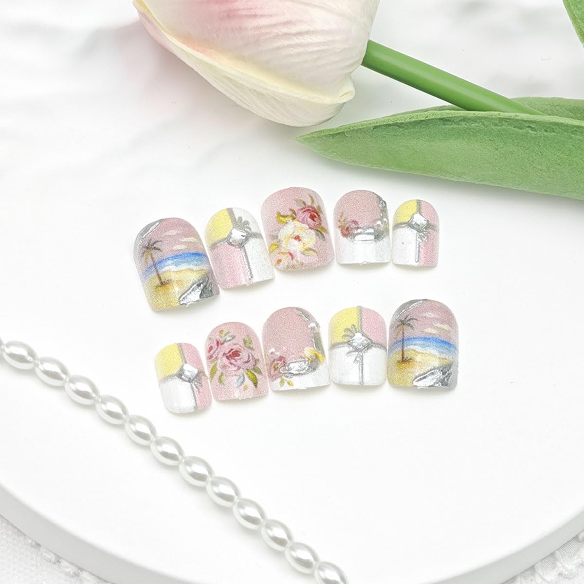 24Pcs Summer Beach Press on Nails Short Square White French Tip Fake Nails Coconut Trees Flower with Rhinestones Glitter Designs Full Cover Silver Chrome Stick on Nails Flowers False Nails for Women