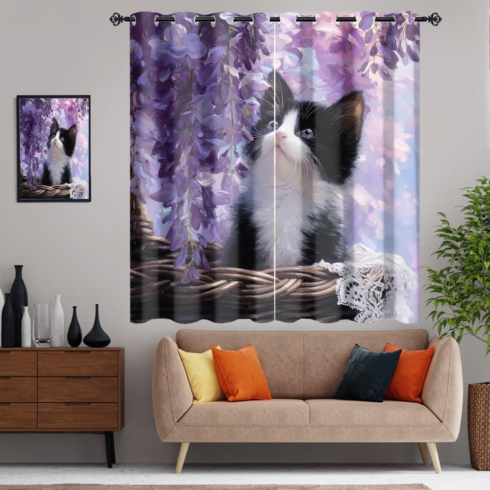XSUPFLYM Colorful Beautiful Cute Kitten Window Perforated Curtains Funny Watercolor Spring Garden Lilac Flowers Animal Cat Thermal Curtains Suitable for Bedroom Living Room 2 Panels.Each 21"W x 45"L