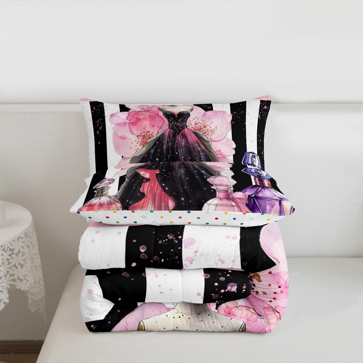 Erosebridal Girly Modern Fashion King Bedding Set | Girls Women Coquette Dress Comforter Set Black and White Striped Bed Collections Cute Coquette Bow Duvet Quilt Sets