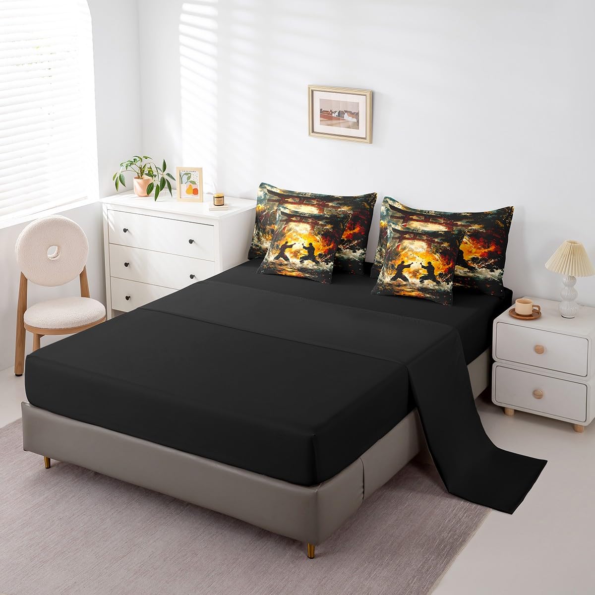 Feelyou Kids Taekwondo 7 Pieces Bedding Set Queen Size, Japanese Style Comforter Set with Sheets Samurai Bed in A Bag Boys Girls Kungfu Teens Bed Set Bedroom Decor 7Pcs