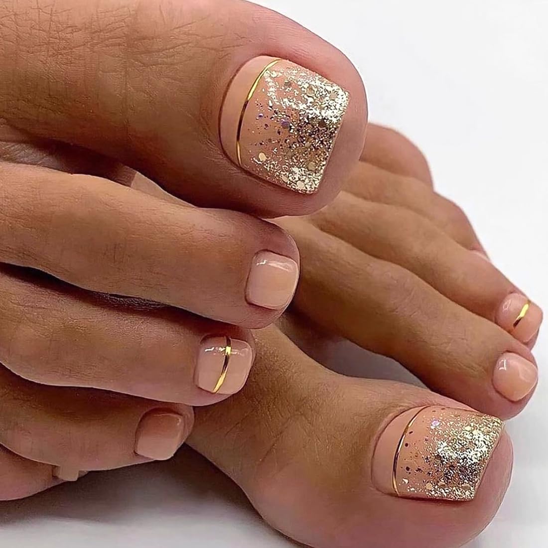 24 Pcs Nude Press on Toenails Square Toe Press on Nails Short Fake Nails French Gel X Nail Tips Gold Glitter Design Full Cover Acrylic Toe Nail Press ons with Nail File Stick Jelly Glue on Nails Kit