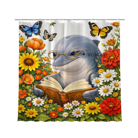 REZHOCH Cute Funny Dolphin Reading Colorful Flower Book Shower Curtain 72x72 Inch Floral Butterfly Home Bathroom Decor Animal Waterproof Fabric Farmhouse Bath Set with Hooks