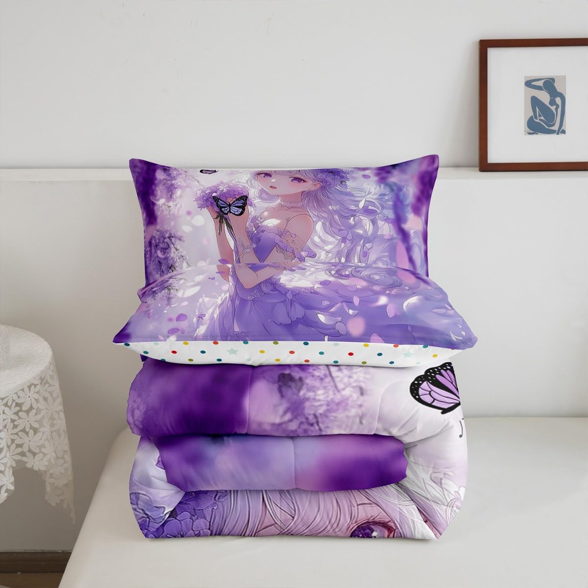 Erosebridal Cute Kawaii Anime Girl Full Bedding Set Japanese Style Anime Kids Down Comforter Cartoon Print Comforter Set Purple Romantic Flower Butterfly Bed Set 2 Pillow Cases