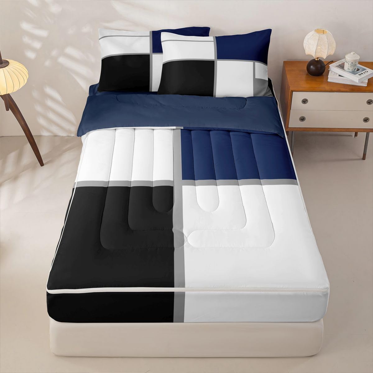 Erosebridal Zippered Bedding Set Twin for Adults Teens Black and White Abstract Comforter Set Navy Blue Striped Grid Bed in a Bag for Minimalist Modern Art Patchwork Zipper Quilt Fitted Sheet