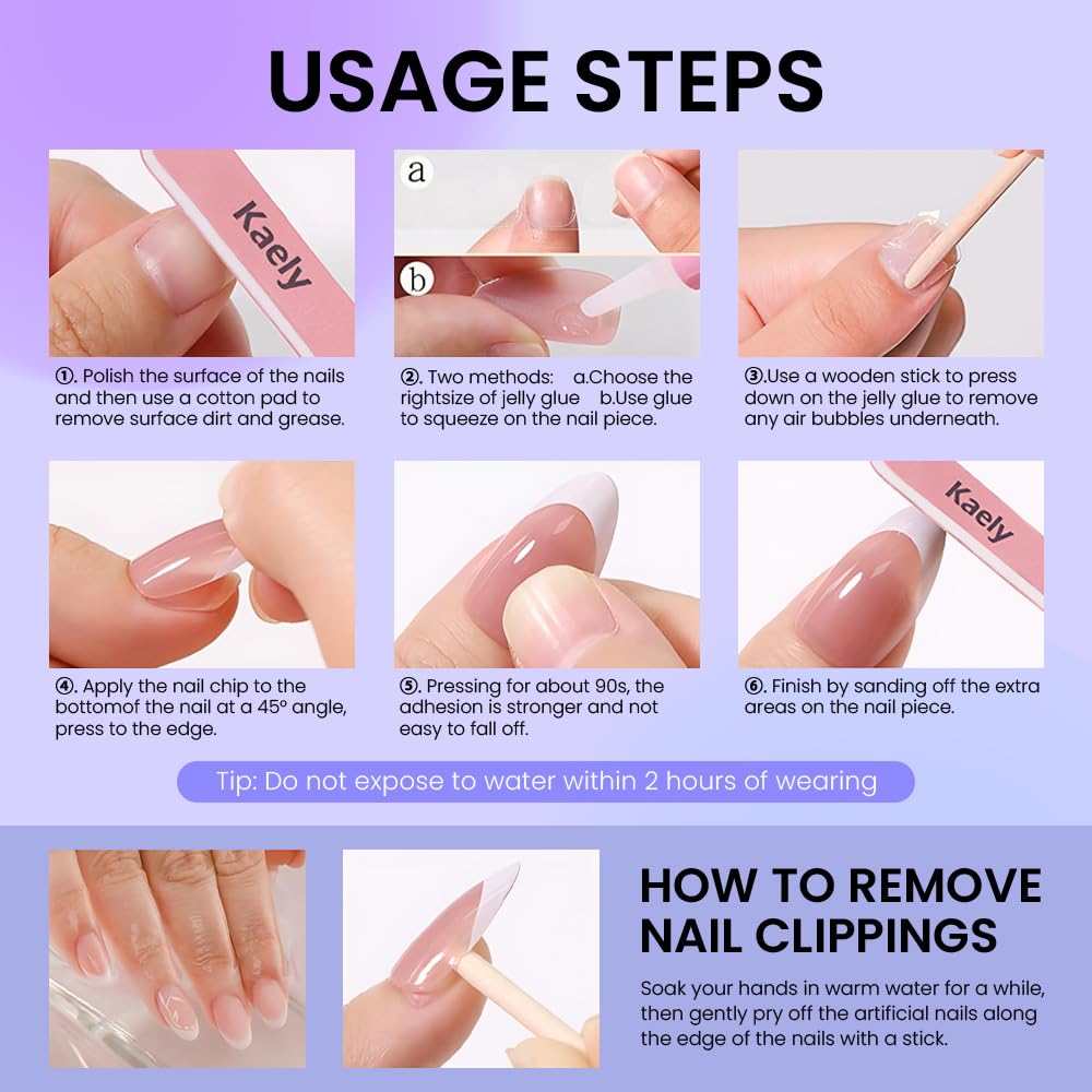 evpct Ombre Peach Pink Press on Nails Short Almond with 3D Pearl Gold Line, Pink French Tip Stick on Nail for Women, Reusable Full Cover Soft Press on Fake Nail with Ombre Design Perfectly Fit