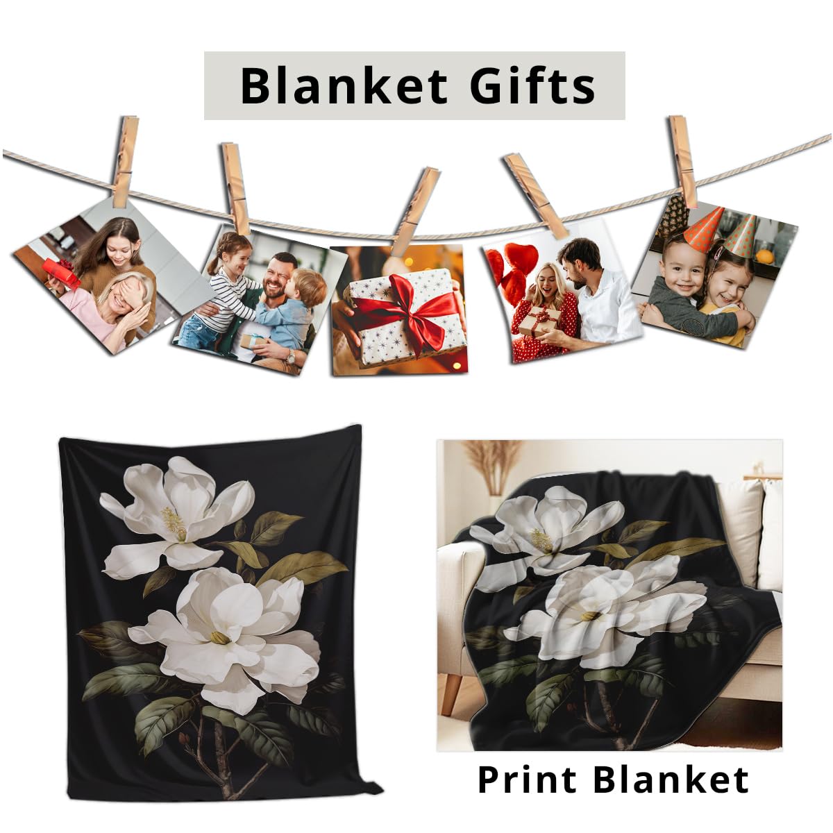 HUNXIAOJ Magnolia Print Blanket Black and White Throw Soft Magnolia Flannel Blanket Flower Bedding Decor Gifts Botanical Floral Throw for Bed Couch (59"x78")