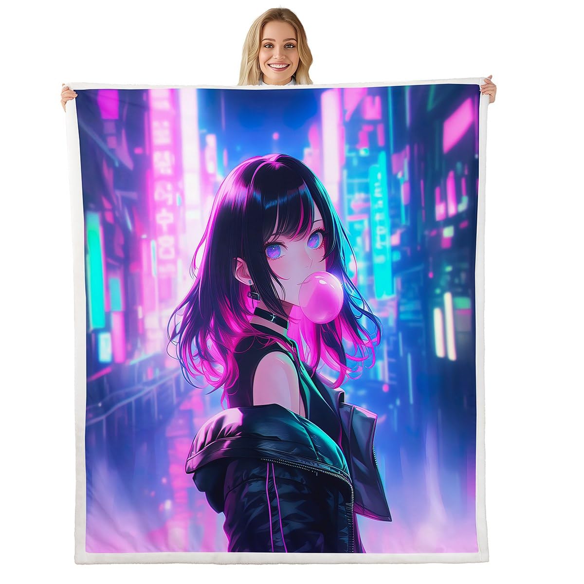 Erosebridal Anime Girl Throw Blanket Twin Size, Kawaii Japanese Anime Sherpa Blanket for Kids Boys Teens Adult Women, Cartoon Girl Fleece Japan Animation Bedroom Decor, Machine Washable