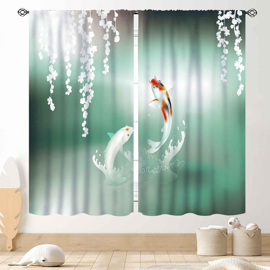 Koi Fish Curtains, Traditional Japanese Koi Carp Fish Printed Oriental Asian Style Retro Green Teal Curtains Drapes Treatmens for Bedroom Living Room Kitchen Bathrooom Windows 2 Panels, 42"x45" Inch