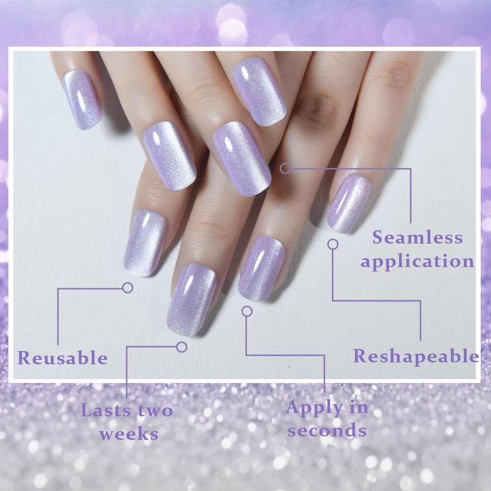 Orchid Purple Cat Eye Press on Nails Medium Square, Medium Square Press Stick on Nails Chrome for Women Gift, Orchid Holographic Glitter Glossy Reusable Acrylic Fake Nail with Cateye Effect Designs