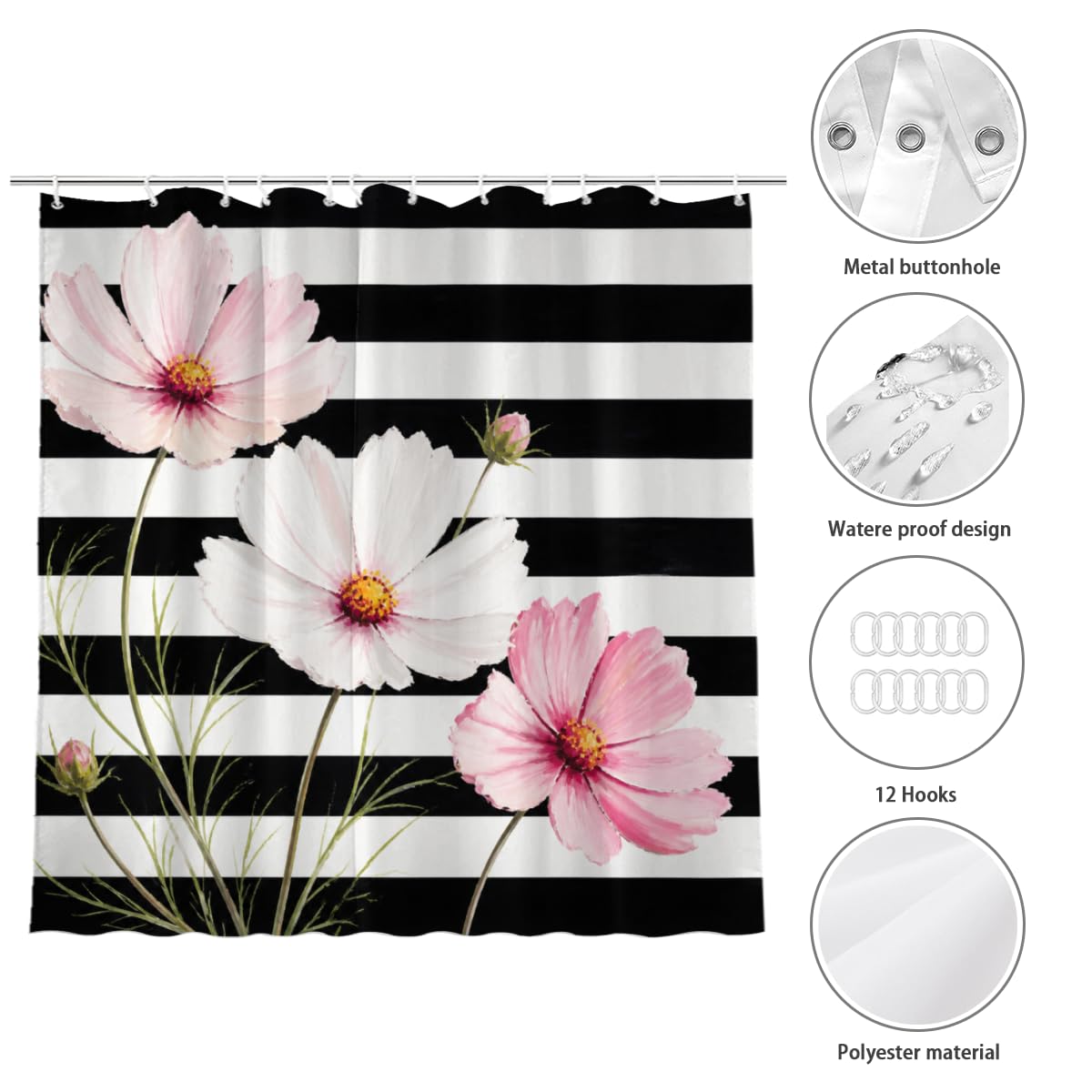 TopPacific Cosmos Flower Stripe Shower Curtain 72x72 Inch Shower Curtain with 12 Hooks Polyester Pink Cosmos Flowers Green Stems Black White Stripes Bathroom Decor