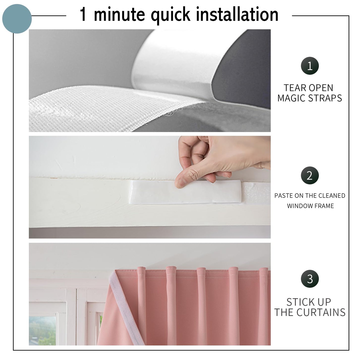 Jilron Magic Tape Stick on Curtains Blackout Curtains for Bedroom no Drillng Self Adhesive Curtain no Rod Small Window (Pink, 35" W x 40" L) 2 Panels