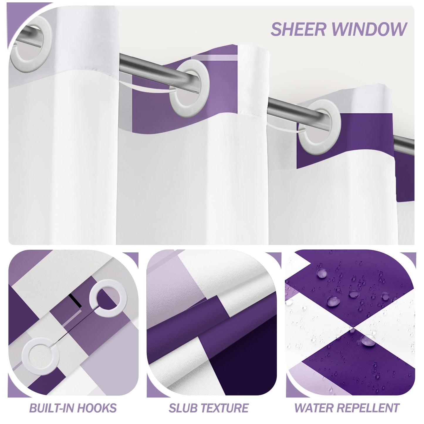 Purple Hookless Shower Curtain Set with Snap in Liner, Purple White Bathroom Decor, 71x74 Inches, Geometric Bathroom Curtain with Liner and See Through Top Window
