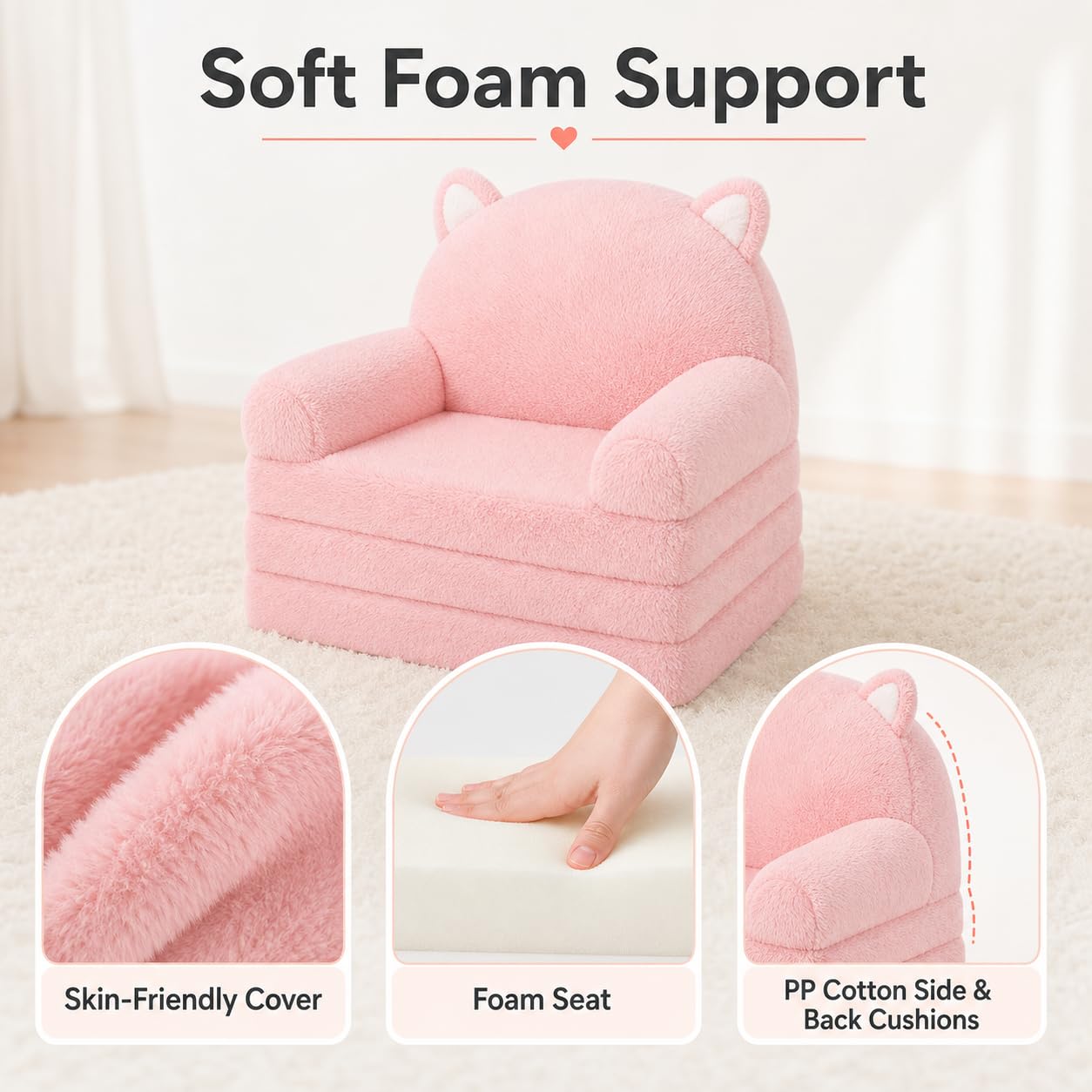 MONKISS Kids Couch, Comfy Toddler Chair, 2 in 1 Fold Out Kids Sofa, Baby Sitting Chair with Washable Cover, Toddler Furniture for Reading, TV and Playroom, Birthday Gift for Girls, 1-4 Years Old, Pink