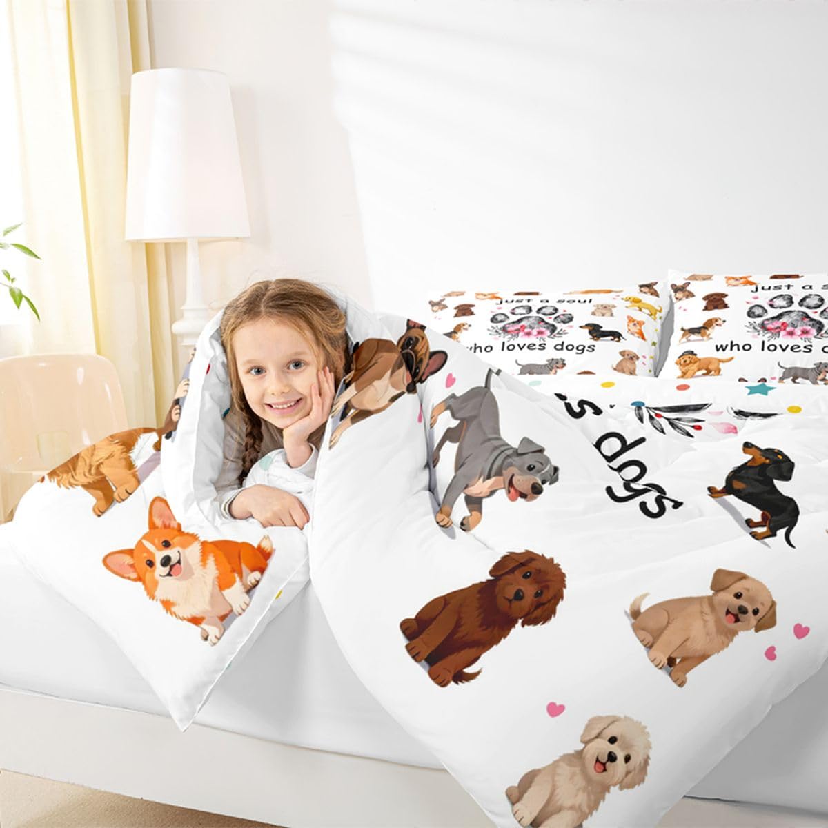jejeloiu Dogs Bedding Set Soft for Boys Girls, Puppy Dog Comforter Set Toddler Size Cute Animals Duvet Quilt Microfiber Bedroom Decor 2 Pcs with 1 Pillow Cases
