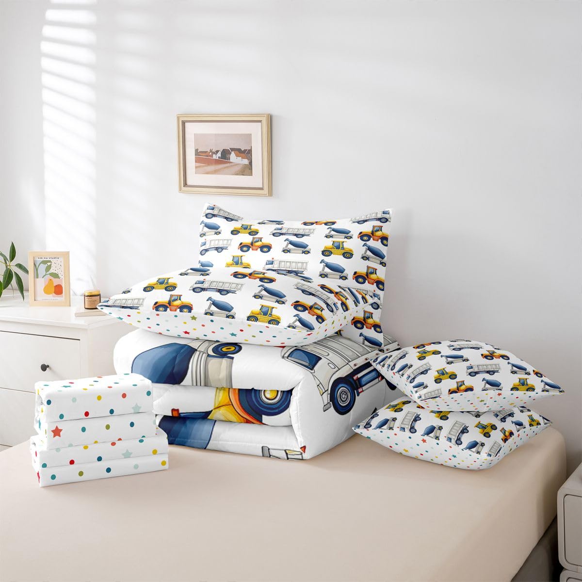 jejeloiu Excavator Comforter Set Twin Size 7 Pieces Construction Vehicles Bedding Set Equipment Trucks Bed in a Bag with Comforter, Sheets, Pillowcases, Cushion Covers Bedroom Decor