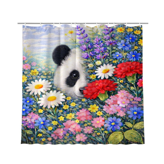 REZHOCH Spring Summer Panda Floral Shower Curtain Colorful Wildflower Oil Painting Curious Funny Animal Nature Waterproof Fabric Bathroom Decor Curtain 72x72Inch with Hooks
