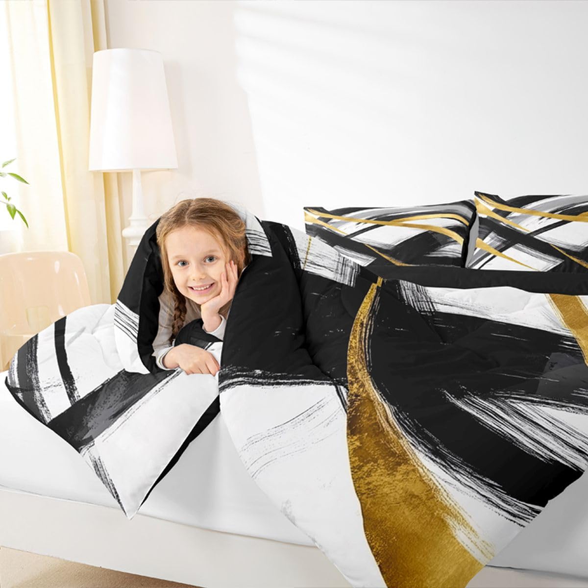 jejeloiu Black Gold Comforter Set Queen Size Geometric Bedding Set for Kids Boys Girls Stripe Line Duvet Quilt Modern Abstract Bedroom Decor Microfiber 3 Pcs with 2 Pillow Cases