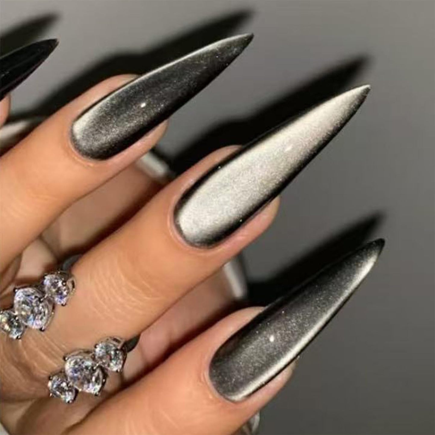 SINHOT Stiletto Press on Nails - Long Fake Nails, Glossy Finish, Bling Gray Cat Eye, DIY Artificial False Nail Art - 24 Pcs Nail Kit with Glue