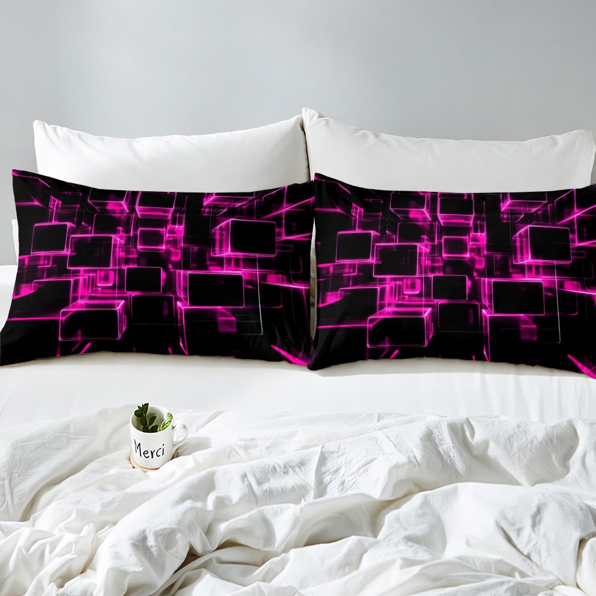 Erosebridal Girly Pink and Black Kids Duvet Cover, Modern Abstract Geometric Square Bedding Sets for Boys Girls Gradient Neon Light Honeycomb Bed Cover Queen with 2 Pillowcases