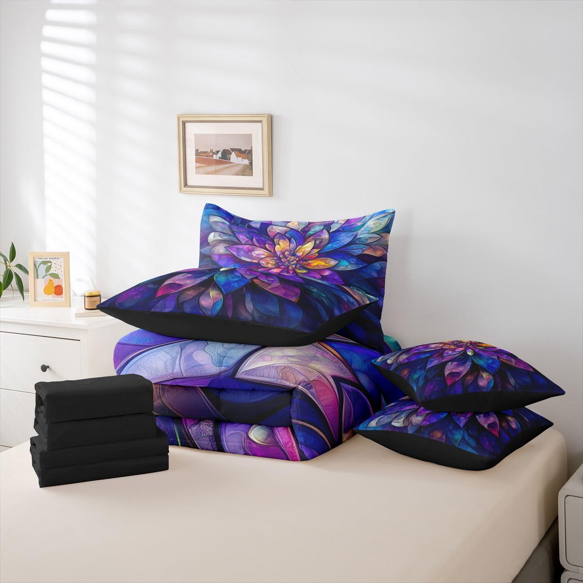Erosebridal Lotus 7 Piece Bedding Set Twin Stained Glass Comforter Set with Sheets Flowing Light Modern Art Flowers for Kids Boys Girls Geometric Floral Purple Blue Bed in a Bag