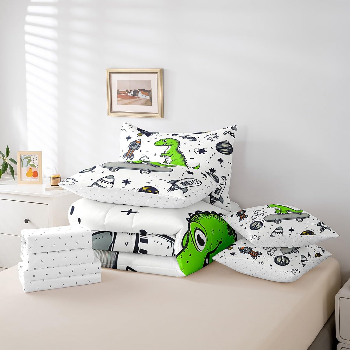 Erosebridal Green Dinosaur Comforter Set 7 Piece Bed in a Bag Twin,Cartoon Dino Kawaii Bedding Sets Cute Wild Animals Sheet Set with Comforter,Galaxy Stars Rocket Bed Set