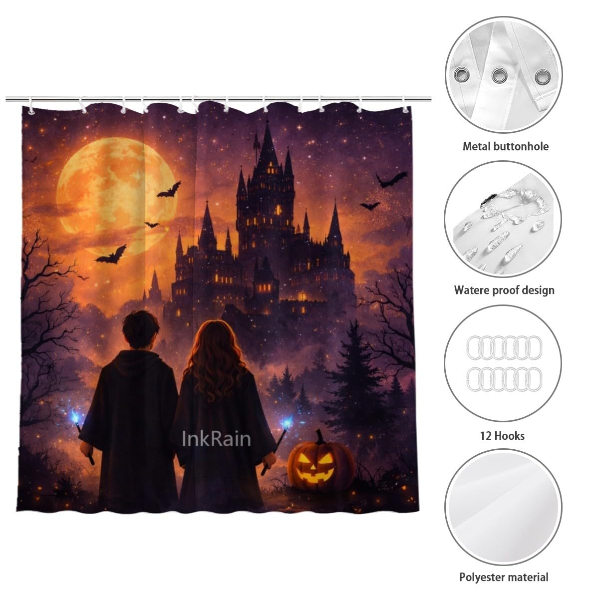 InkRain Halloween Shower Curtain 72x80 Inch with 12 Hooks, Spooky Moon Night Design, Gothic Halloween Bathroom Decor, Waterproof Fabric Bath Curtain for Home Bathroom