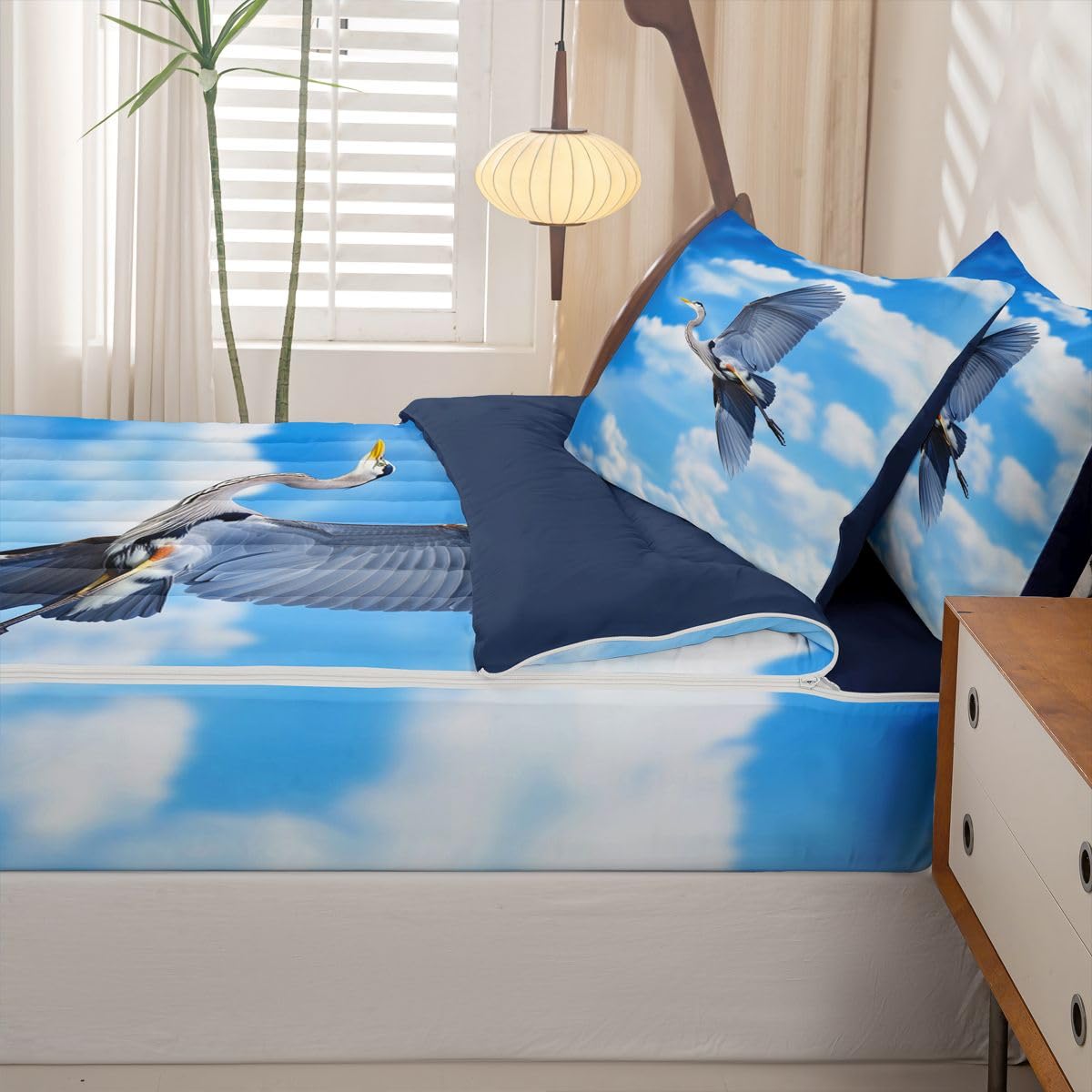Erosebridal Flying Heron Zippable Comforter Blue Sky Twin Bedding Blue Heron Zipper Bed Set with Sheets White Clouds Bed in a Bag Bedroom Decor