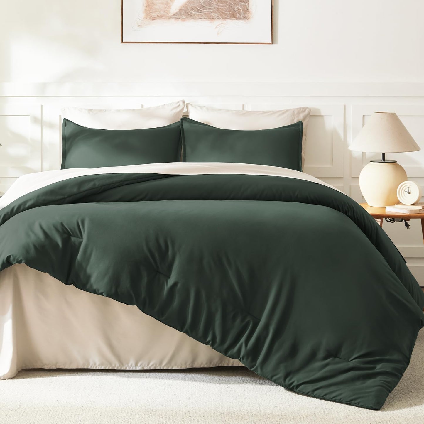 Litanika Forest Green Comforter King Size, 3 Pieces Lightweight Solid Bedding Comforter Set, All Season Fluffy Bed Set (104x90In Comforter & 2 Pillowcases)