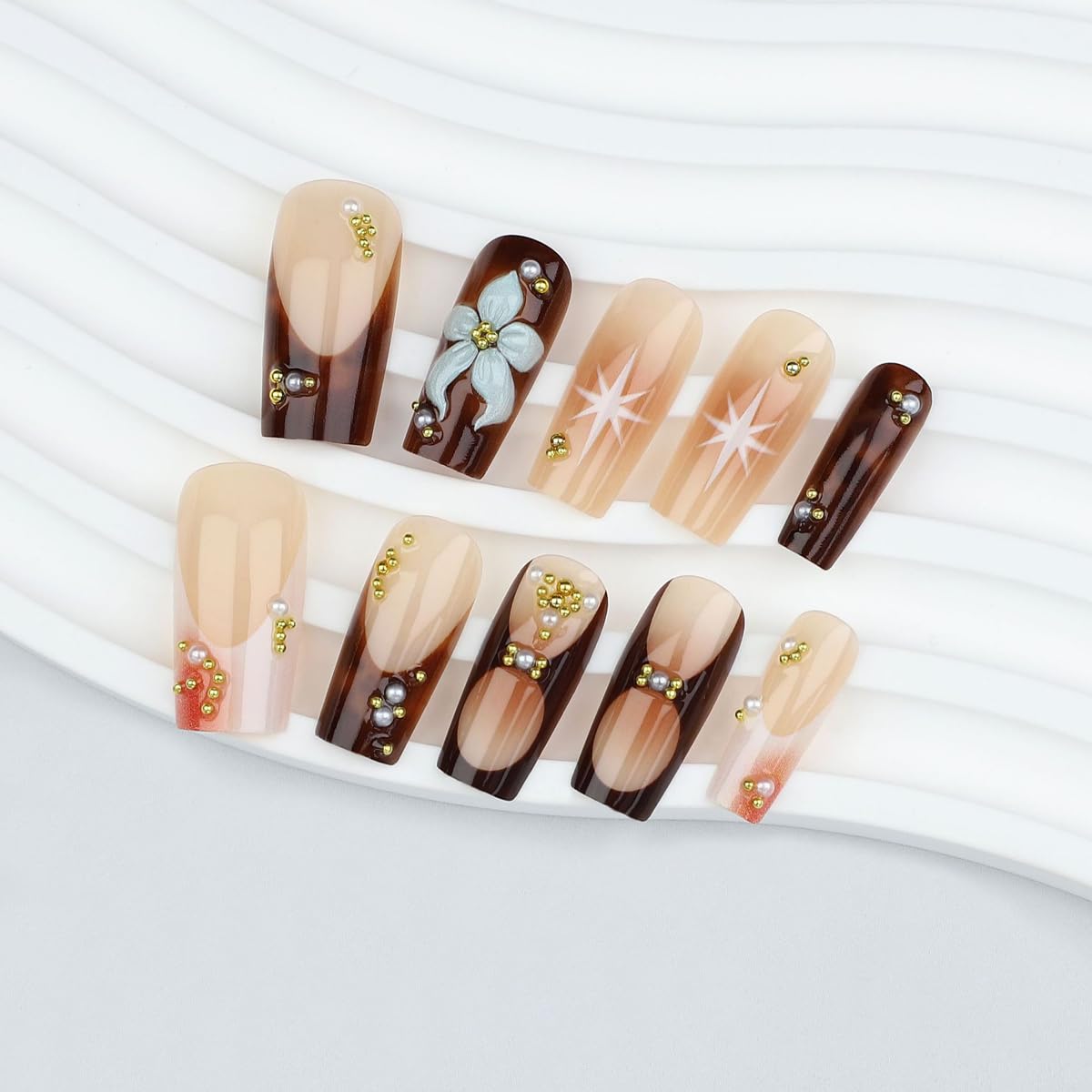 French Tips Press on Nails Brown - Long Square Nails Press on with 5D Flower, Gold Charm Design Glossy Ombre Fake Nails Floral Glue on Nail Reusable Fall Summer Nail for Women Manicure 24Pcs