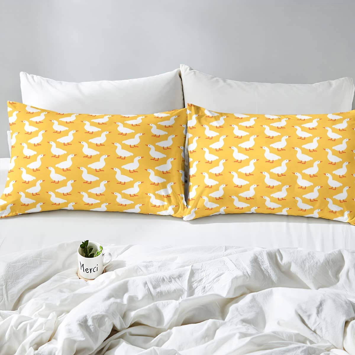 Erosebridal Farmhouse Animal Sheet Set for Kids Child,White Yellow Goose Bed Sheets Full,Cartoon Duck Doodle Bedding Set,Rustic Wild Pet Fitted Sheet + Top Sheet + 2 Pillowcases Bedroom Decor