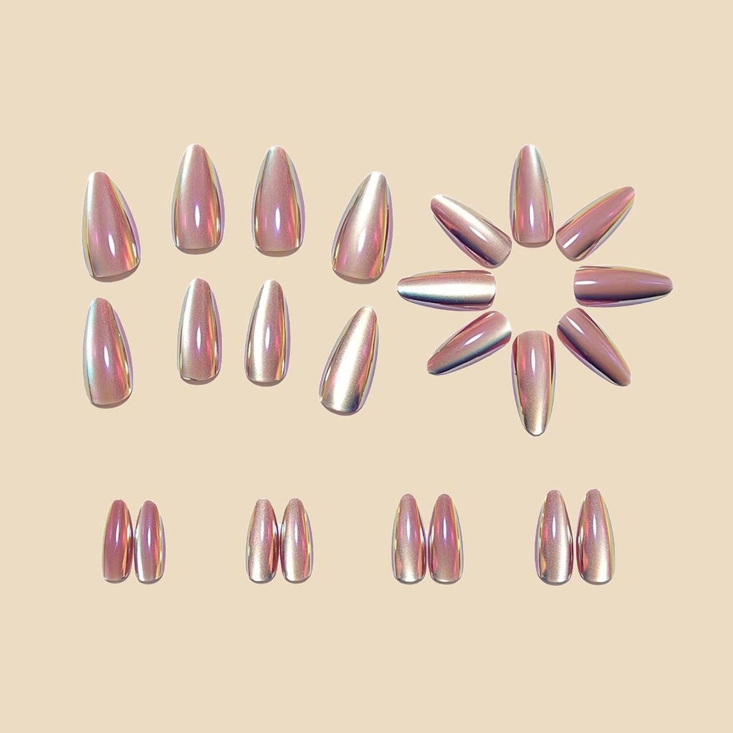 RUOKEXIN Almond Press on Nails Medium Length Fake Nails Pink Chrome False Nails with Cat Eye Designs Full Cover Nail Press ons Sparkly Artificial Nails for Women 24Pcs