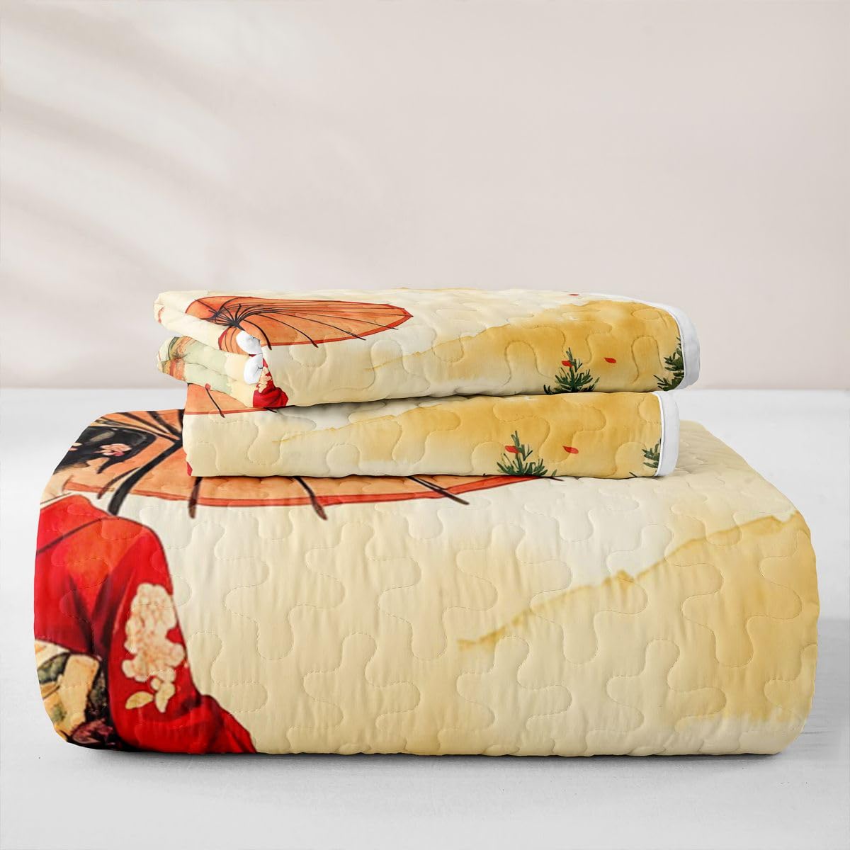 Erosebridal Geisha Quilts Twin Size - Japanese Geishas Girls Bedspread Coverlet Set, Natural Ink Painting Quilt Coverlets 2Pcs (Only 1 Pillowcase)