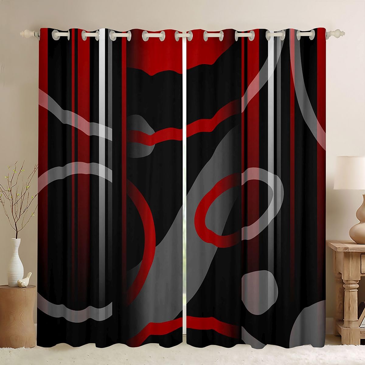 jejeloiu Darkening Dreapes Kids Geometric Strip Red Curtains for Bedroom Abstract Lines Curtains Gradient Styke Red Black White Window Treatments (2 Panels, 52 x 84 Inch) Blackout