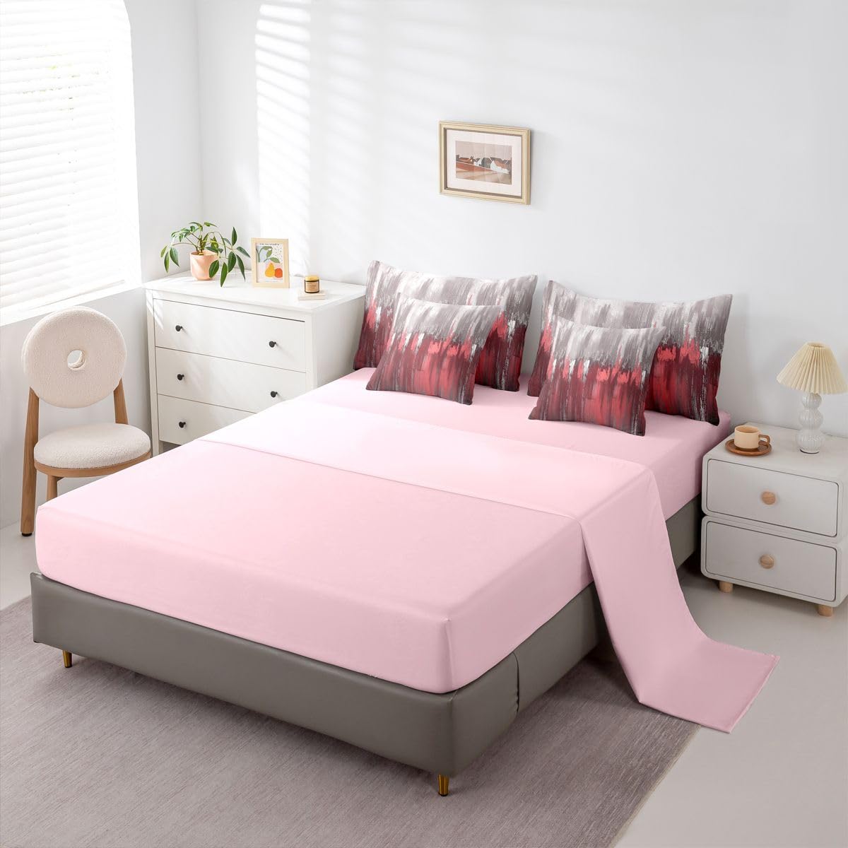 Erosebridal Greyish Gradient 7 Piece Bedding Set Queen White Rosy Comforter Set with Sheets Chic Abstract Art Graffiti Modern Bed in a Bag Farmhouse Ombre Vintage Retro for Teens Men Women