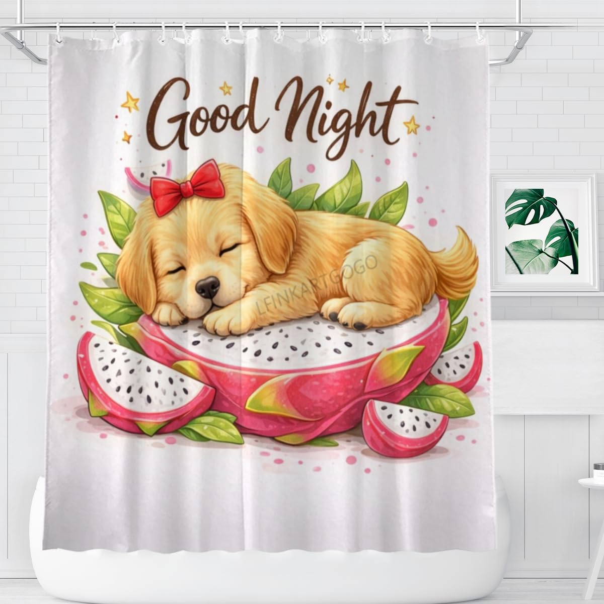 LFINKARTGOGO Cute Golden Retriever Shower Curtain Cartoon Dog Good Night 72x72 with 12 Hooks Bathroom Decor Waterproof Washable Polyester for Home Bathroom
