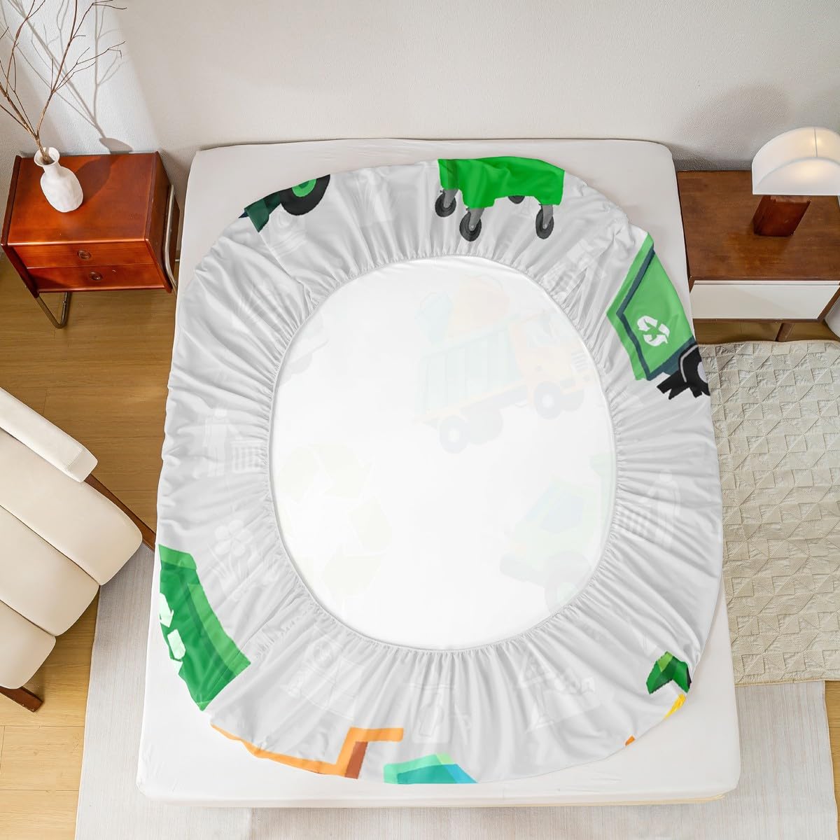 Boys Green Garbage Truck Bed Sheets Set Cartoon Trash Truck Fitted Sheet for Kids Boys Girls Teens Green Vehicle Car Bedding Set Garbage Truck Toy Bed Cover Full Size with 2 Pillow Case