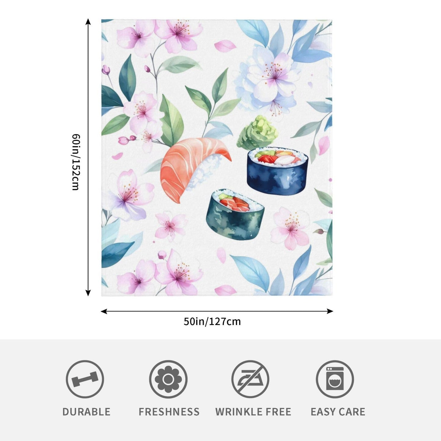 Duuppgo Sushi and Flower Throw Blanket 60x50 Inch – Ultra Soft Anti-Pilling Flannel Blankets, Lightweight & Warm for Sofa, Bed, Camping, Travel